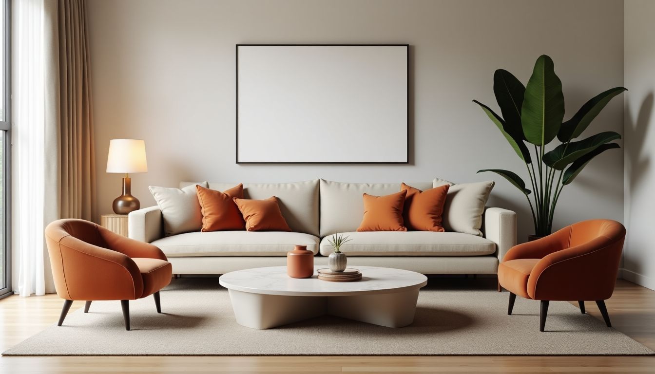 Ein modernes Wohnzimmer mit skulpturalen Möbeln in neutralen Farben.