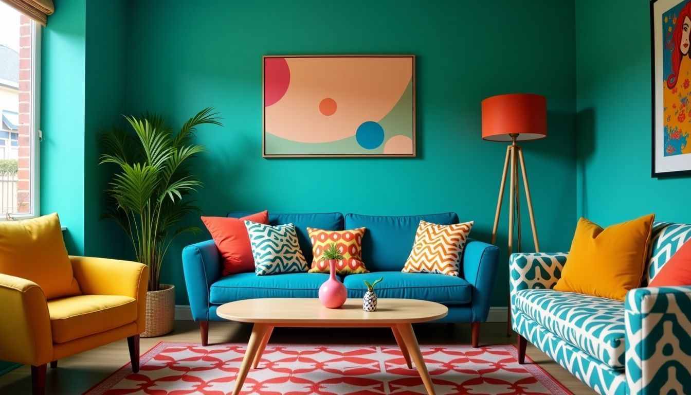 Das Wohnzimmer hat verschiedene Blau- und Grüntöne mit lebhaften Akzenten. Das Wohnzimmer hat verschiedene Blau- und Grüntöne mit lebhaften Akzenten.