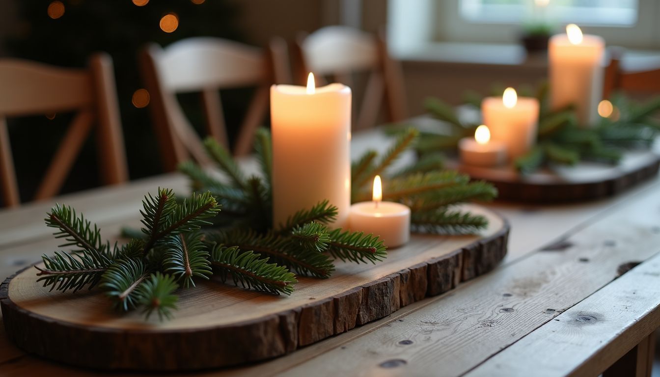 Ein rustikaler Esstisch dekoriert mit Kerzen und Tannenzweigen. Ein rustikaler Esstisch dekoriert mit Kerzen und Tannenzweigen.