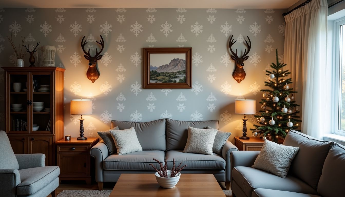 Ein gemütliches Wohnzimmer mit winterlichem Dekor und rustikalen Elementen. Ein gemütliches Wohnzimmer mit winterlichem Dekor und rustikalen Elementen.