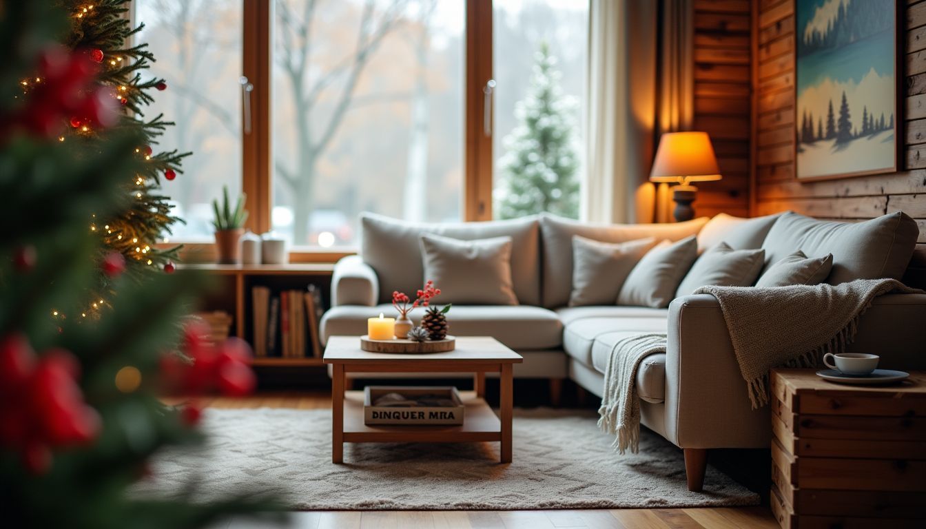 Ein gemütliches Wohnzimmer mit winterlicher Dekoration und natürlichem Licht.