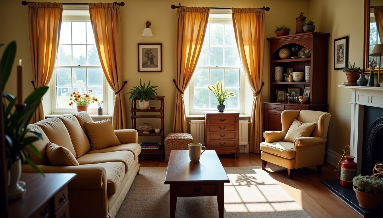 Ein gemütliches Wohnzimmer mit Vintage-Möbeln und shabby chic Dekor.