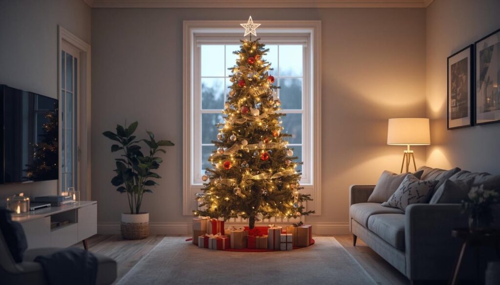 Geschmückter, künstlicher Weihnachtsbaum im Wohnzimmer